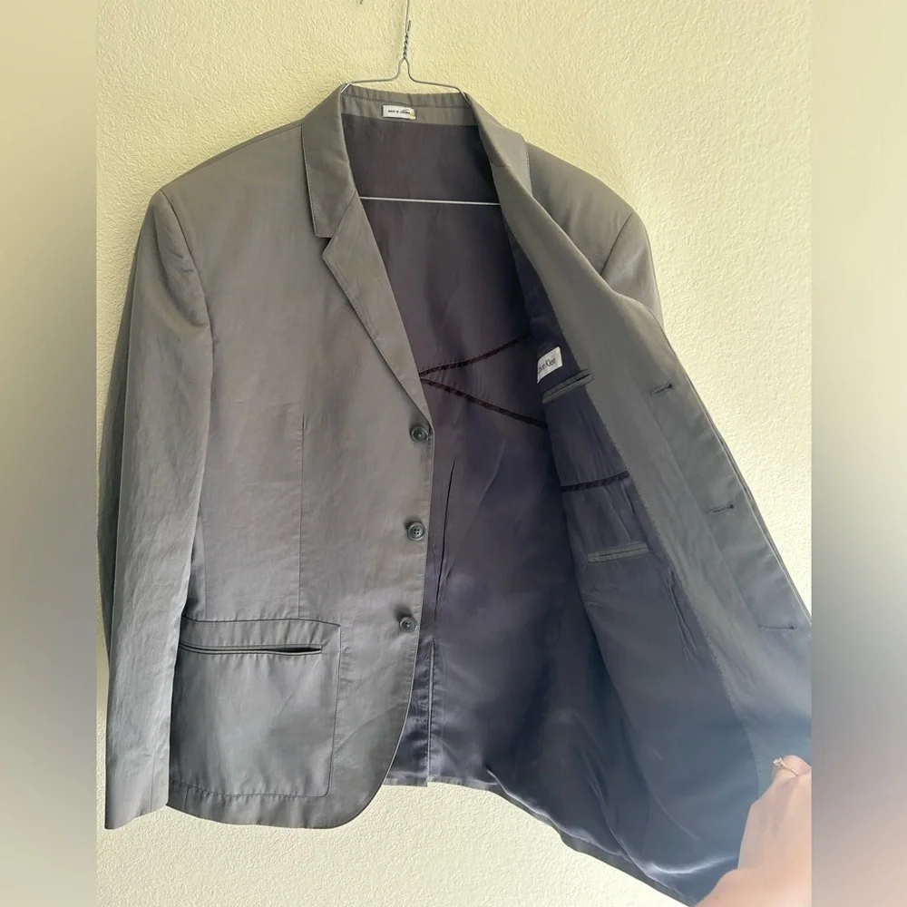 Calvin Klein Cotton Hidden Button Down Blazer Gray Size Large Short Business Men